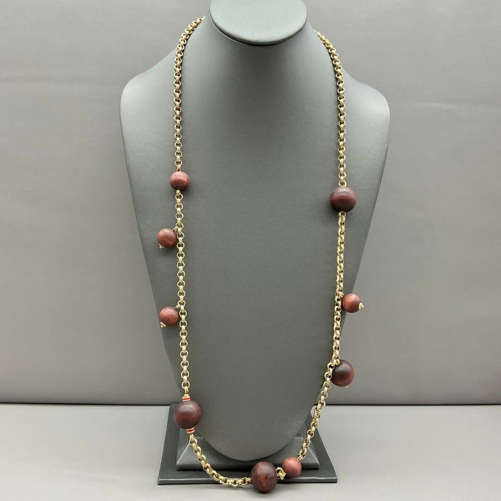 Liz Claiborne Necklace Womens Gold Brown Wood Bead Toggle Chunky Chain 30 Inch